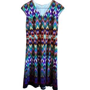 LONDON TIMES CREW NECK SLEEVELESS ZIPPER MULTI PRINT COTTON DRESS Sz 8